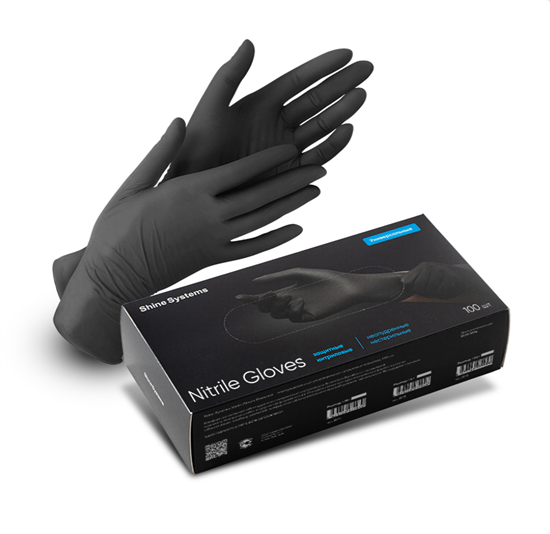 Shine Systems Nitrile Gloves - защитные универсальные нитриловые неопудренные перчатки, размер "M", цвет черный 100 шт SS414